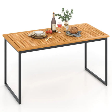 Acacia Wood Dining Table for 6 People with Slatted Tabletop and Umbrella Hole - Natural - Dining Tables