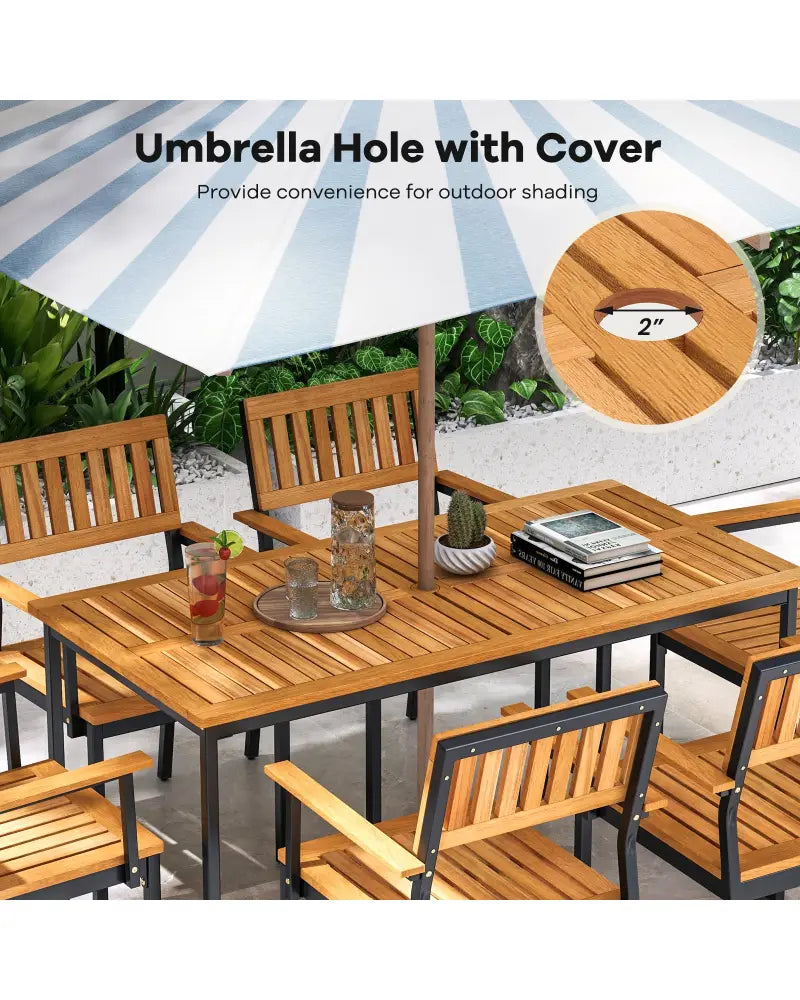 Acacia Wood Dining Table for 6 People with Slatted Tabletop and Umbrella Hole - Natural - Dining Tables