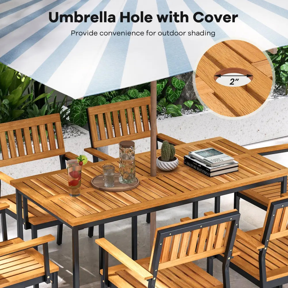 Acacia Wood Dining Table for 6 People with Slatted Tabletop and Umbrella Hole - Natural - Dining Tables