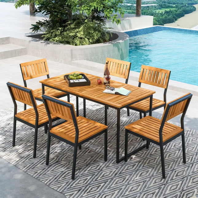 Acacia Wood Dining Table for 6 People with Slatted Tabletop and Umbrella Hole - Natural - Dining Tables