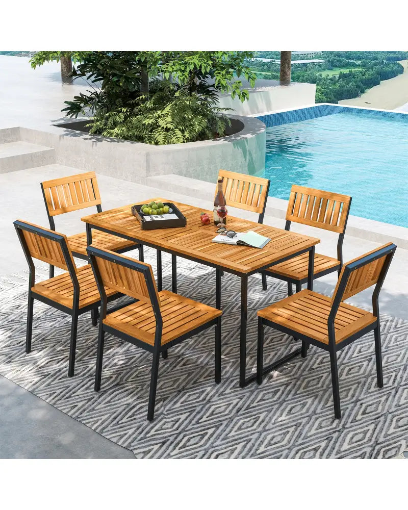 Acacia Wood Dining Table for 6 People with Slatted Tabletop and Umbrella Hole - Natural - Dining Tables
