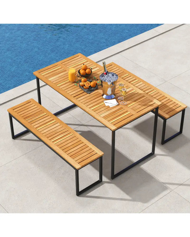 Acacia Wood Dining Table for 6 People with Slatted Tabletop and Umbrella Hole - Natural - Dining Tables