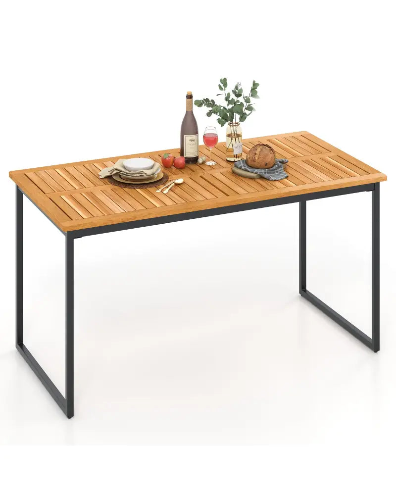 Acacia Wood Dining Table for 6 People with Slatted Tabletop and Umbrella Hole - Natural - Dining Tables