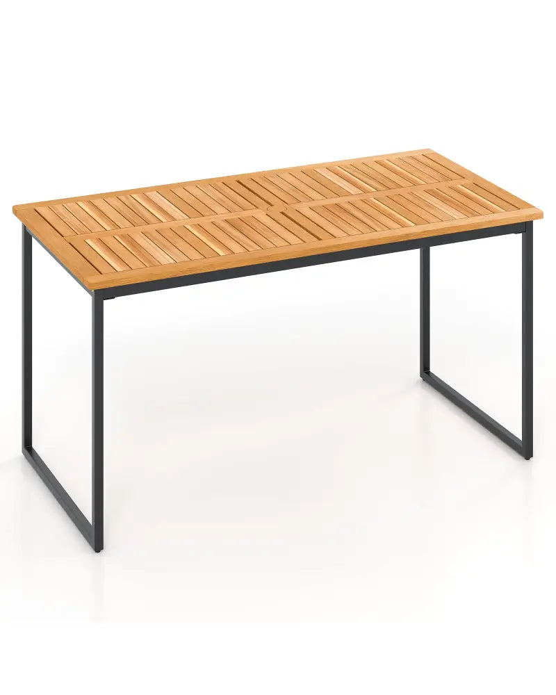 Acacia Wood Dining Table for 6 People with Slatted Tabletop and Umbrella Hole - Natural - Dining Tables