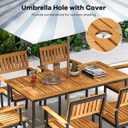 Acacia Wood Dining Table for 6 People with Slatted Tabletop and Umbrella Hole - Natural - Dining Tables