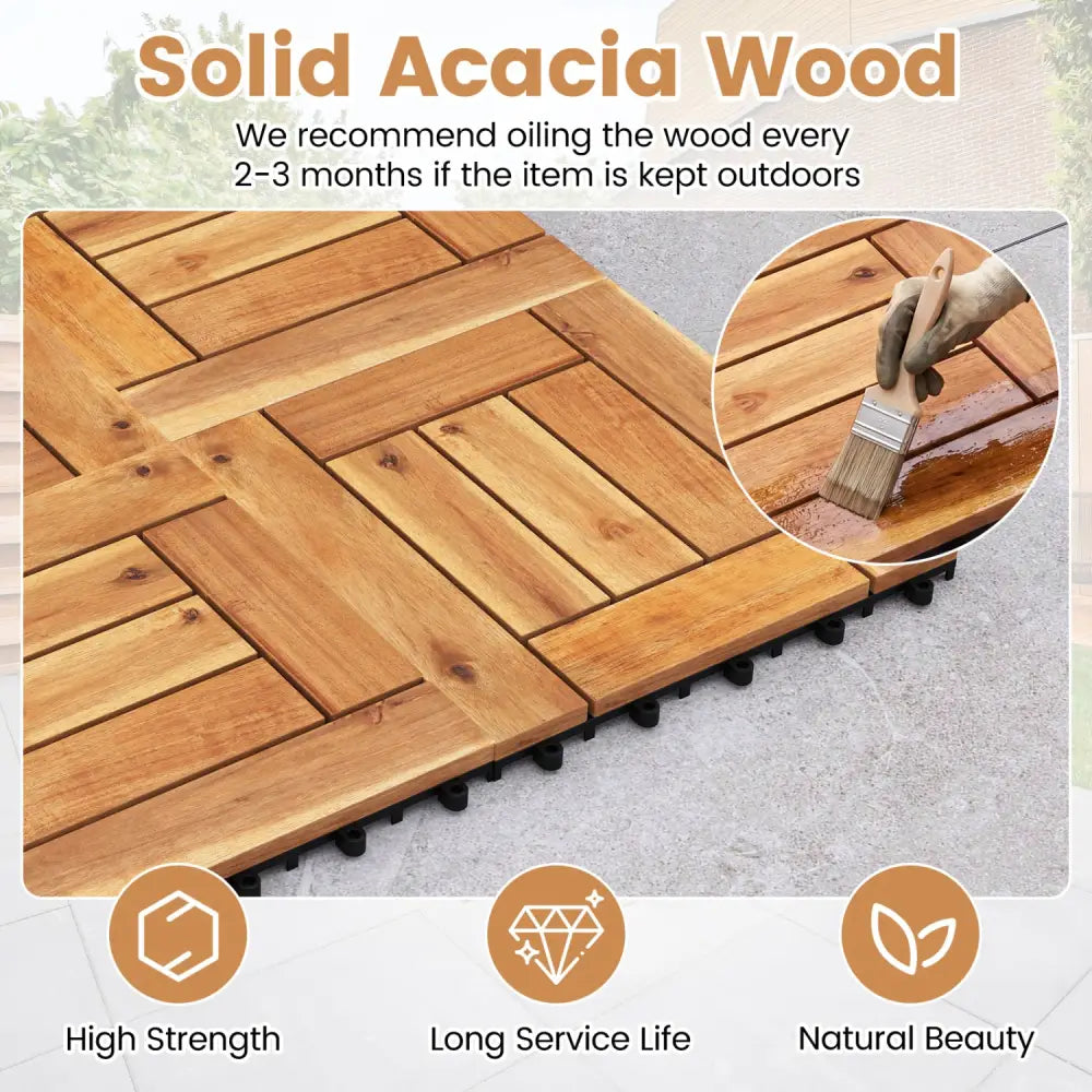 Acacia Wood Interlocking Deck Tiles for Patio Balcony Backyard Porch Poolside-Natural - Natural - Outdoor Deck Tiles &