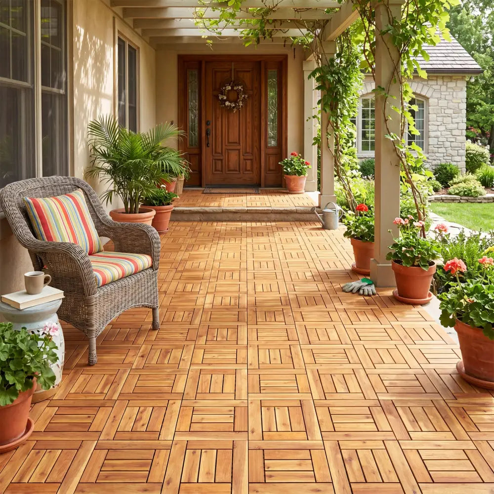 Acacia Wood Interlocking Deck Tiles for Patio Balcony Backyard Porch Poolside-Natural - Natural - Outdoor Deck Tiles &