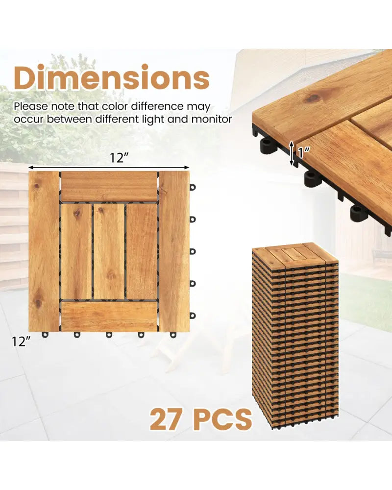 Acacia Wood Interlocking Deck Tiles for Patio Balcony Backyard Porch Poolside-Natural - Natural - Outdoor Deck Tiles &