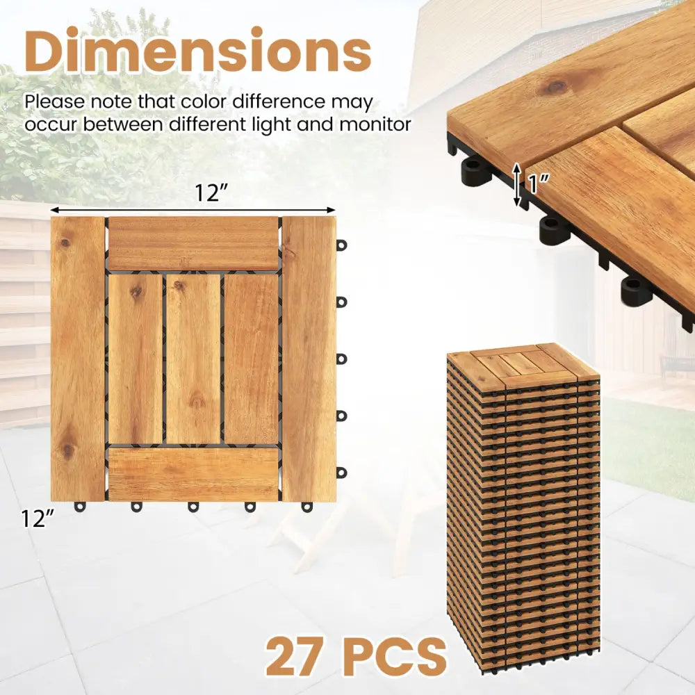 Acacia Wood Interlocking Deck Tiles for Patio Balcony Backyard Porch Poolside-Natural - Natural - Outdoor Deck Tiles &