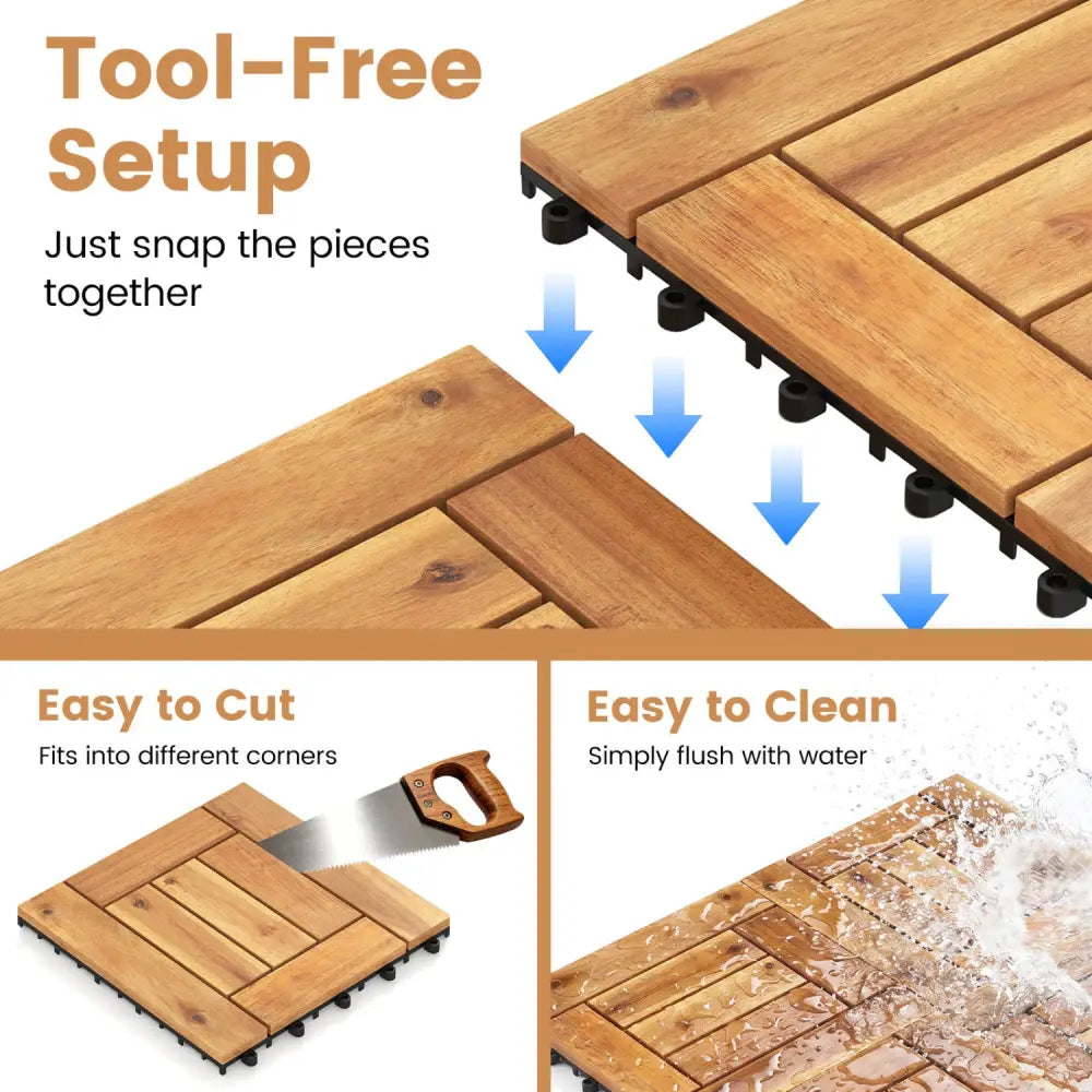 Acacia Wood Interlocking Deck Tiles for Patio Balcony Backyard Porch Poolside-Natural - Natural - Outdoor Deck Tiles &