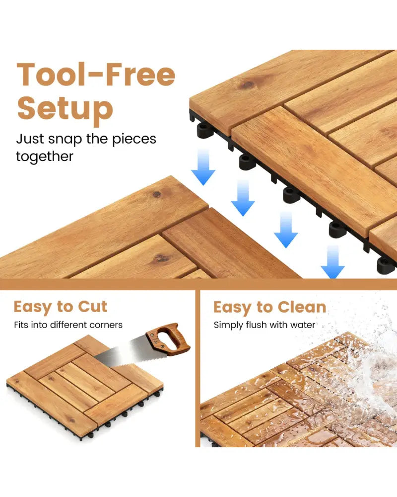 Acacia Wood Interlocking Deck Tiles for Patio Balcony Backyard Porch Poolside-Natural - Natural - Outdoor Deck Tiles &