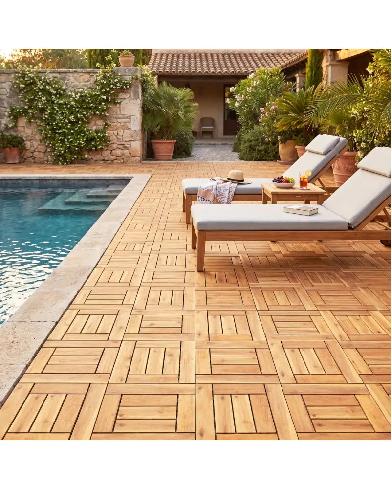 Acacia Wood Interlocking Deck Tiles for Patio Balcony Backyard Porch Poolside-Natural - Natural - Outdoor Deck Tiles &