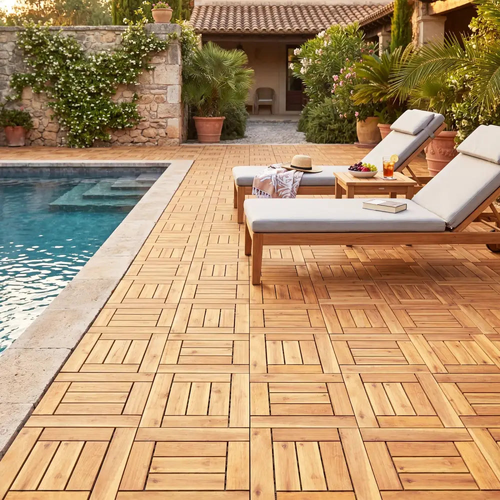 Acacia Wood Interlocking Deck Tiles for Patio Balcony Backyard Porch Poolside-Natural - Natural - Outdoor Deck Tiles &