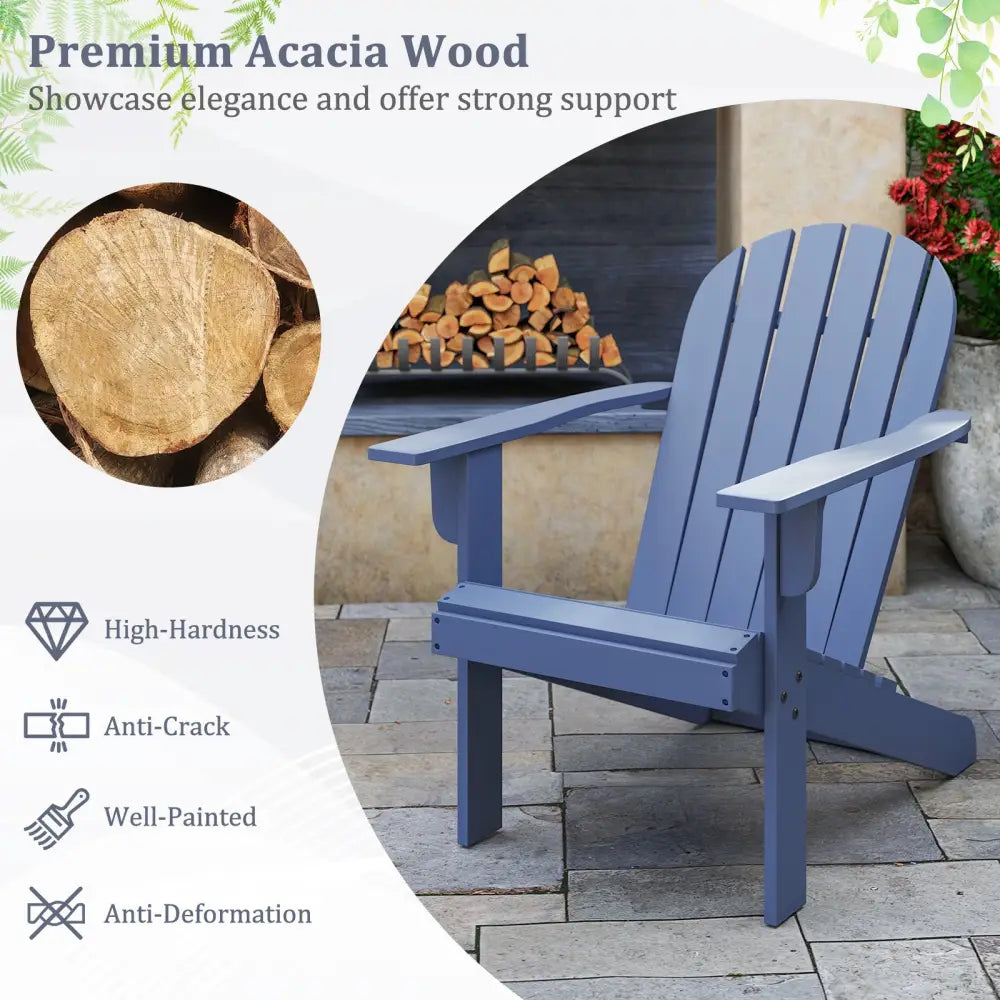 Acacia Wood Lounge Patio Adirondack Chair with Inclined Seat-Blue - Blue - Adirondack Chairs