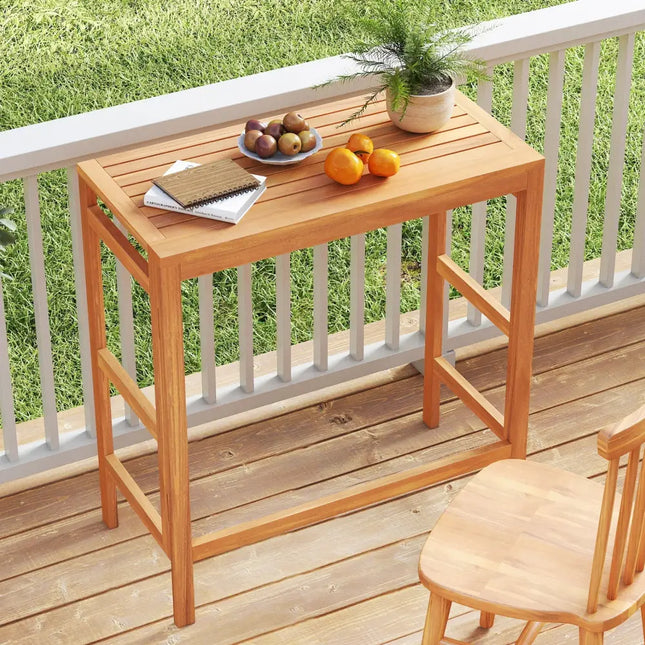 Acacia Wood Outdoor Bar Table with Slatted Tabletop for Balcony - Bar Tables
