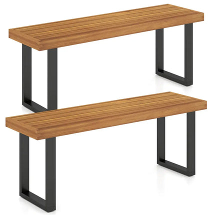Acacia Wood Outdoor Bench 48 Inch Long Patio Dining Bench-Set of 2 - Natural - Outdoor Benches