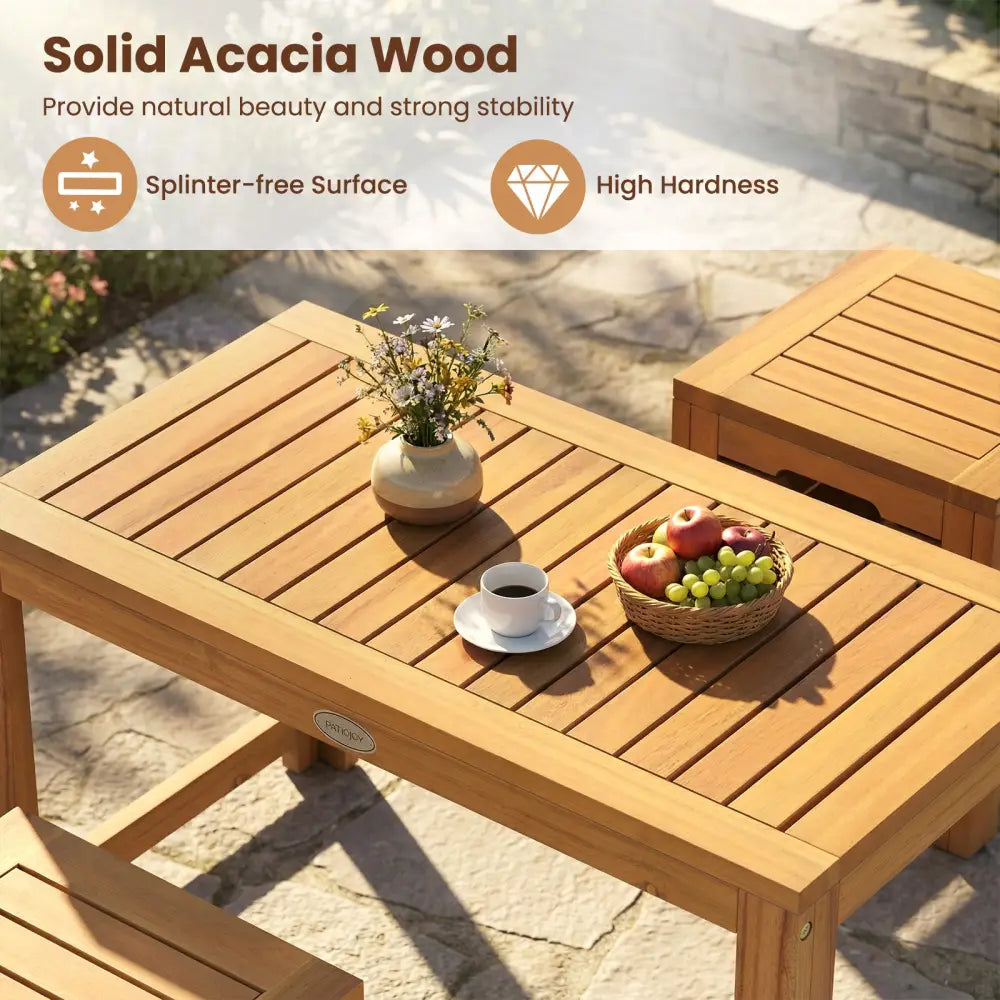 Acacia Wood Outdoor Coffee Table with Stools Set of 2 3 Pieces Patio Table and Stools Set - Patio Conversation Sets