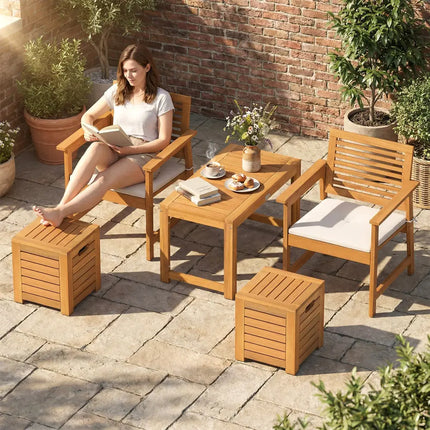 Acacia Wood Outdoor Coffee Table with Stools Set of 2 3 Pieces Patio Table and Stools Set - Patio Conversation Sets