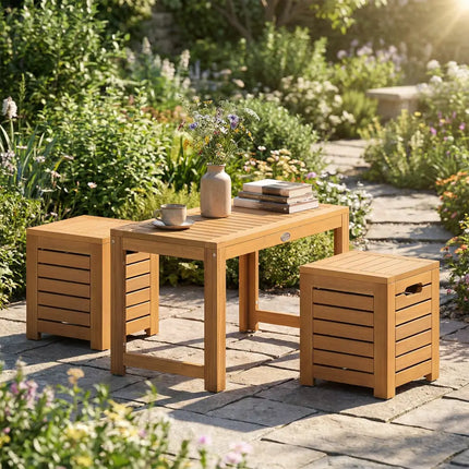 Acacia Wood Outdoor Coffee Table with Stools Set of 2 3 Pieces Patio Table and Stools Set - Patio Conversation Sets