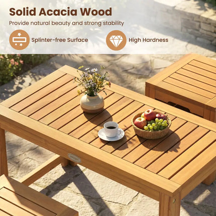 Acacia Wood Outdoor Coffee Table with Stools Set of 2 3 Pieces Patio Table and Stools Set - Patio Conversation Sets
