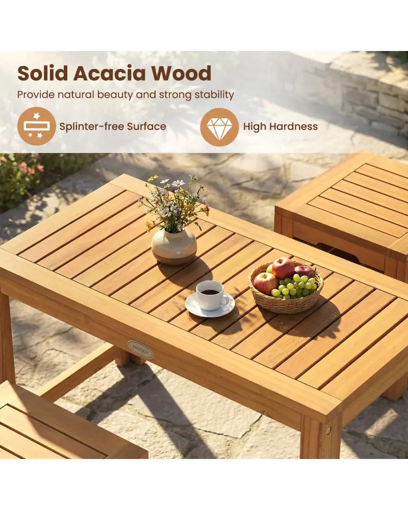 Acacia Wood Outdoor Coffee Table with Stools Set of 2 3 Pieces Patio Table and Stools Set - Patio Conversation Sets