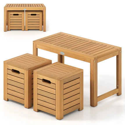 Acacia Wood Outdoor Coffee Table with Stools Set of 2 3 Pieces Patio Table and Stools Set - Patio Conversation Sets