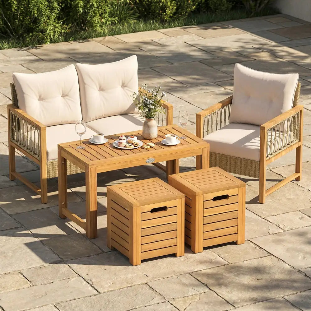 Acacia Wood Outdoor Coffee Table with Stools Set of 2 3 Pieces Patio Table and Stools Set - Patio Conversation Sets