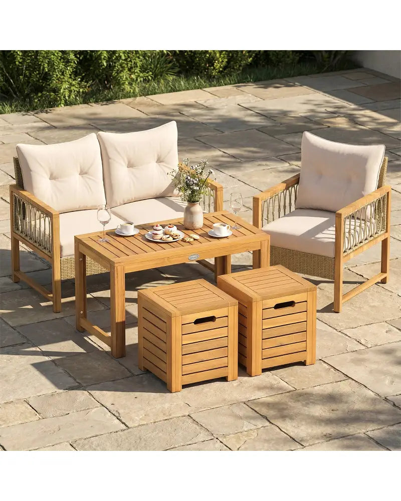 Acacia Wood Outdoor Coffee Table with Stools Set of 2 3 Pieces Patio Table and Stools Set - Patio Conversation Sets