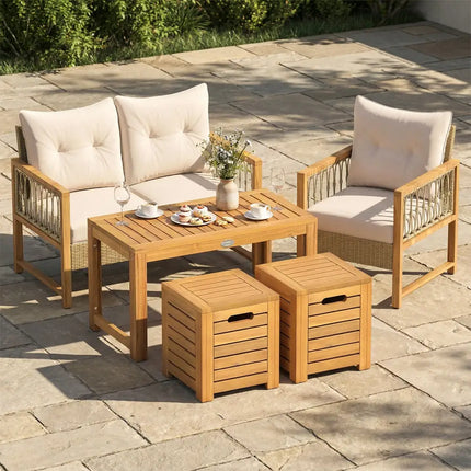 Acacia Wood Outdoor Coffee Table with Stools Set of 2 3 Pieces Patio Table and Stools Set - Patio Conversation Sets