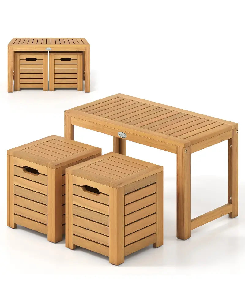 Acacia Wood Outdoor Coffee Table with Stools Set of 2 3 Pieces Patio Table and Stools Set - Patio Conversation Sets
