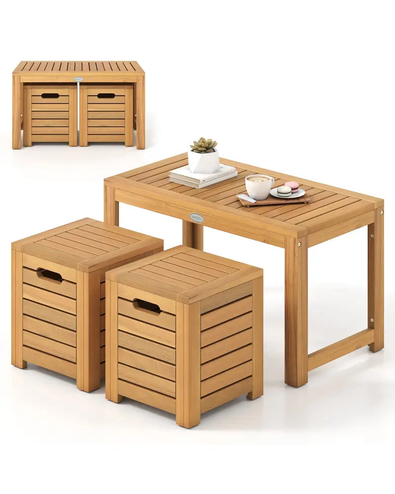 Acacia Wood Outdoor Coffee Table with Stools Set of 2 3 Pieces Patio Table and Stools Set - Patio Conversation Sets