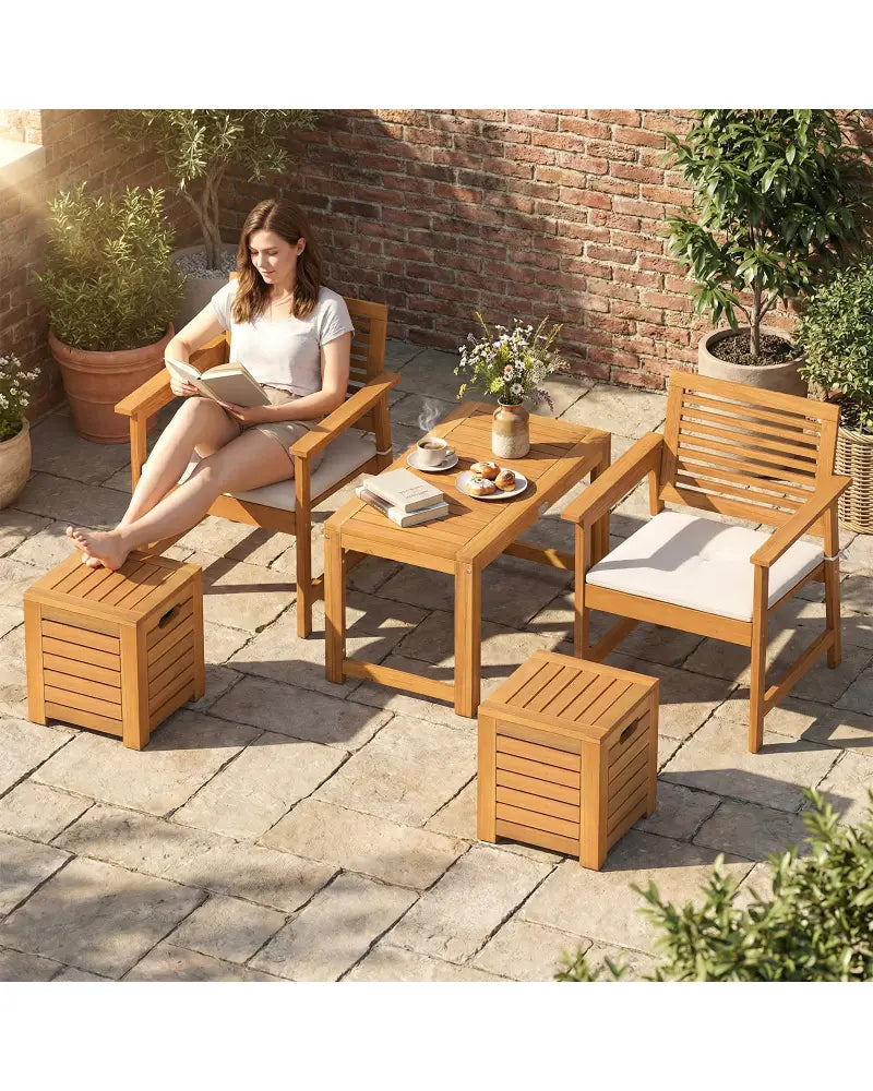 Acacia Wood Outdoor Coffee Table with Stools Set of 2 3 Pieces Patio Table and Stools Set - Patio Conversation Sets