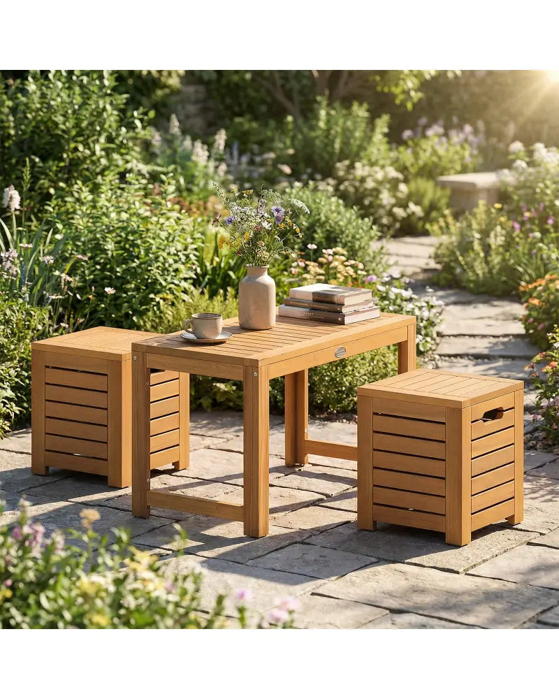 Acacia Wood Outdoor Coffee Table with Stools Set of 2 3 Pieces Patio Table and Stools Set - Patio Conversation Sets