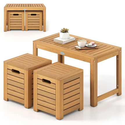 Acacia Wood Outdoor Coffee Table with Stools Set of 2 3 Pieces Patio Table and Stools Set - Patio Conversation Sets