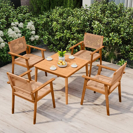 Acacia Wood Outdoor Dining Chairs Set of 2 PE Rattan Patio Chairs with Backrests and Armrests - Patio Dining Chairs