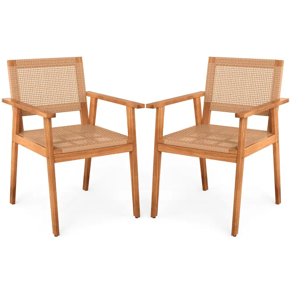Acacia Wood Outdoor Dining Chairs Set of 2 PE Rattan Patio Chairs with Backrests and Armrests - Patio Dining Chairs