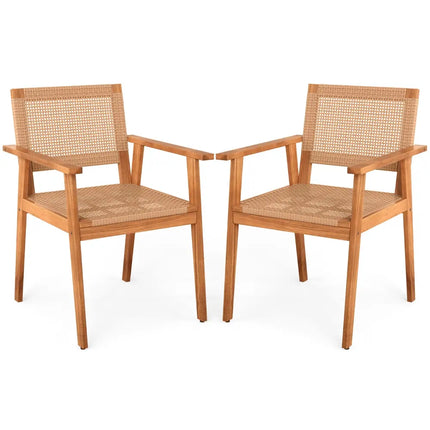 Acacia Wood Outdoor Dining Chairs Set of 2 PE Rattan Patio Chairs with Backrests and Armrests - Patio Dining Chairs