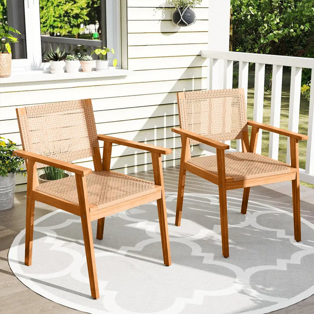 Acacia Wood Outdoor Dining Chairs Set of 2 PE Rattan Patio Chairs with Backrests and Armrests - Patio Dining Chairs