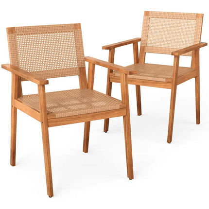 Acacia Wood Outdoor Dining Chairs Set of 2 PE Rattan Patio Chairs with Backrests and Armrests - Patio Dining Chairs