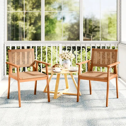Acacia Wood Outdoor Dining Chairs Set of 2 PE Rattan Patio Chairs with Backrests and Armrests - Patio Dining Chairs