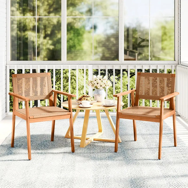 Acacia Wood Outdoor Dining Chairs Set of 2 PE Rattan Patio Chairs with Backrests and Armrests - Patio Dining Chairs