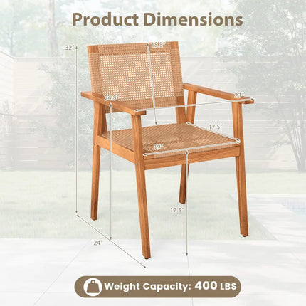 Acacia Wood Outdoor Dining Chairs Set of 2 PE Rattan Patio Chairs with Backrests and Armrests - Patio Dining Chairs