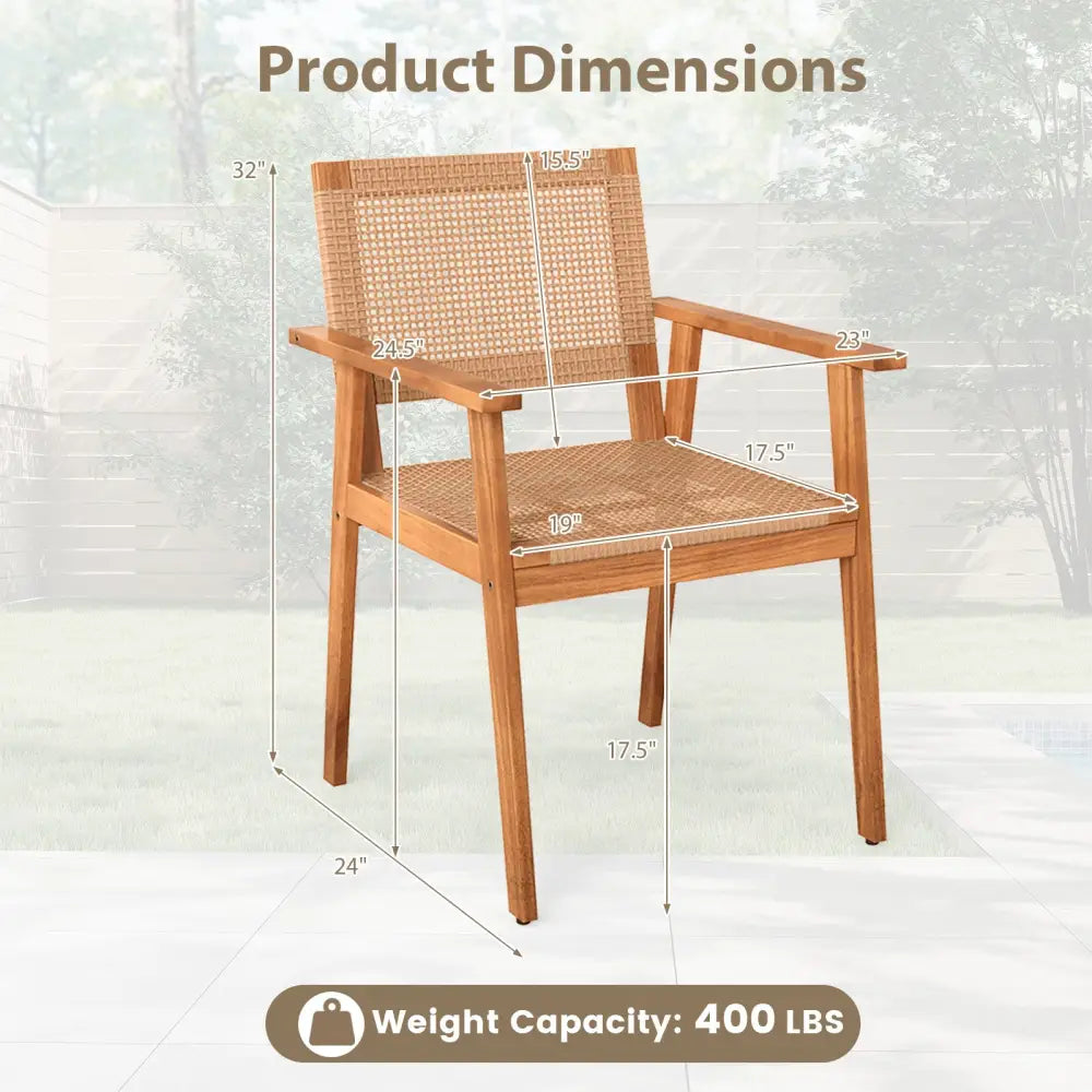 Acacia Wood Outdoor Dining Chairs Set of 2 PE Rattan Patio Chairs with Backrests and Armrests - Patio Dining Chairs