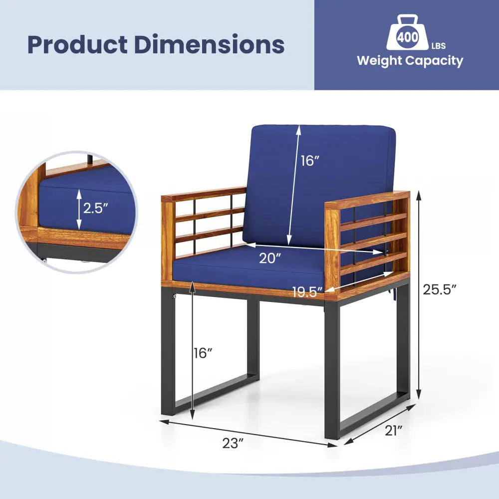 Acacia Wood Outdoor Dining Chairs Set of 2 with Soft Cushions-Navy - Navy - Patio Dining Sets