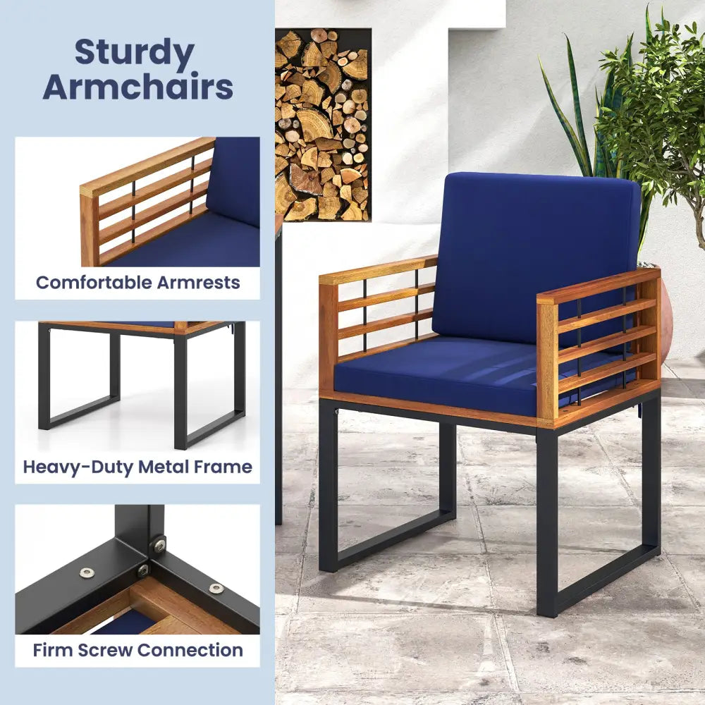 Acacia Wood Outdoor Dining Chairs Set of 2 with Soft Cushions-Navy - Navy - Patio Dining Sets