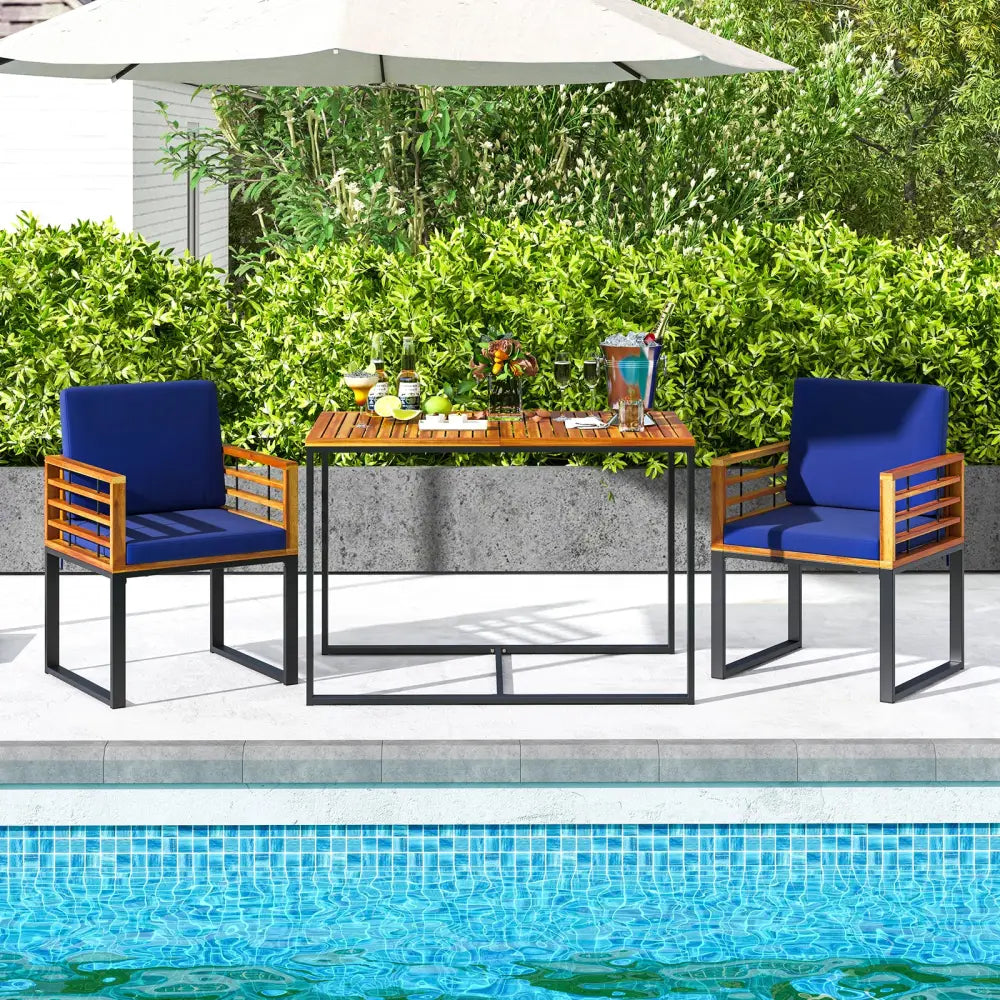 Acacia Wood Outdoor Dining Chairs Set of 2 with Soft Cushions-Navy - Navy - Patio Dining Sets