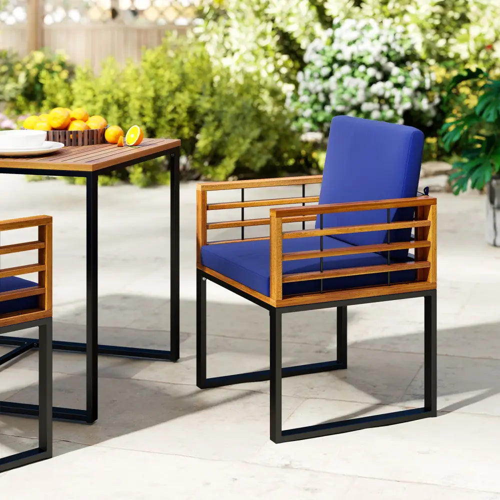 Acacia Wood Outdoor Dining Chairs Set of 2 with Soft Cushions-Navy - Navy - Patio Dining Sets