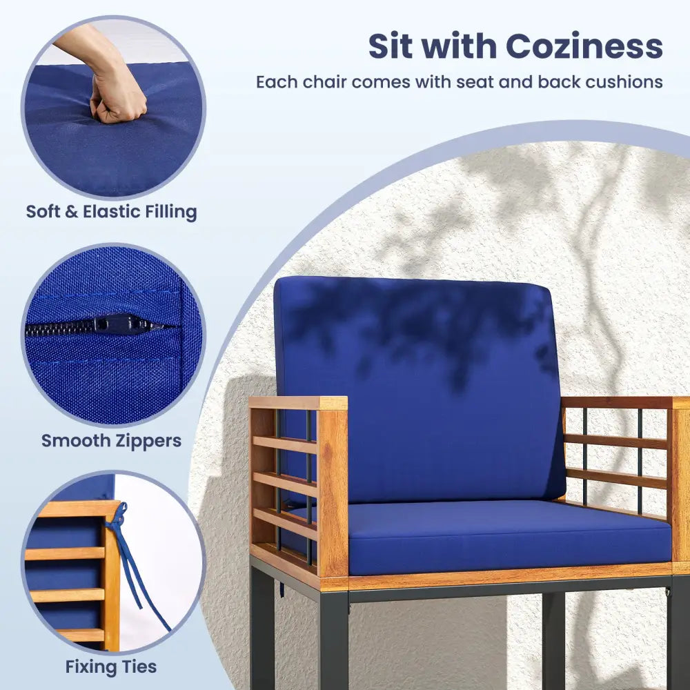 Acacia Wood Outdoor Dining Chairs Set of 2 with Soft Cushions-Navy - Navy - Patio Dining Sets