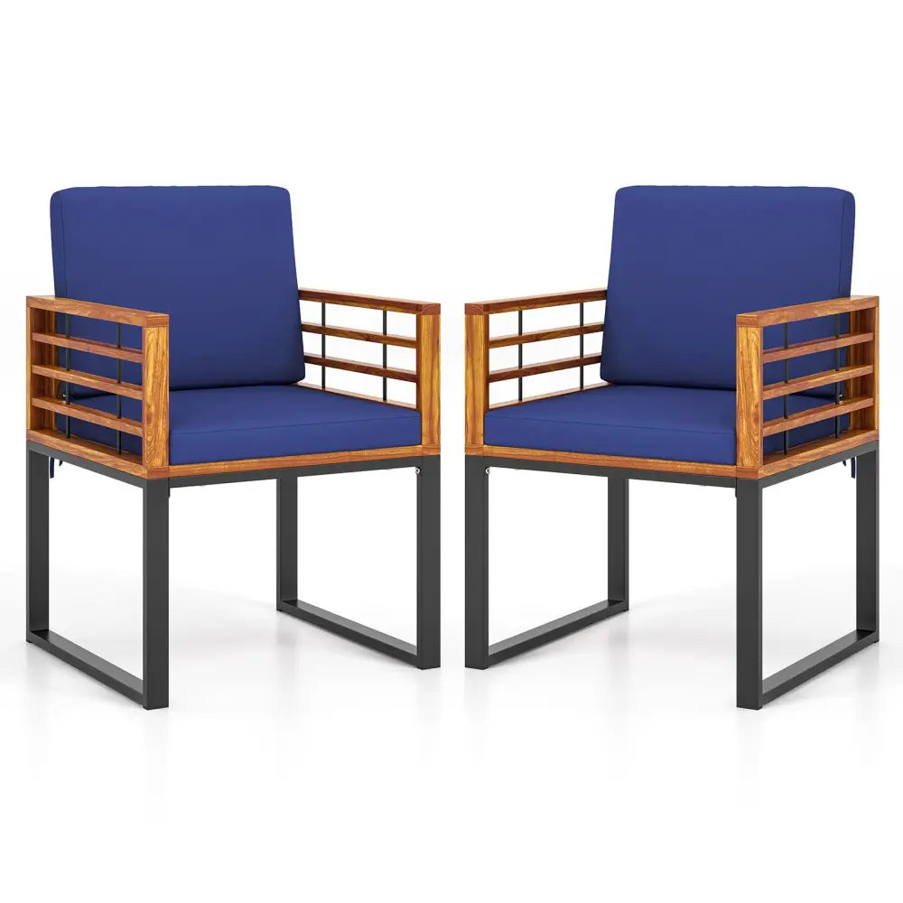 Acacia Wood Outdoor Dining Chairs Set of 2 with Soft Cushions-Navy - Navy - Patio Dining Sets