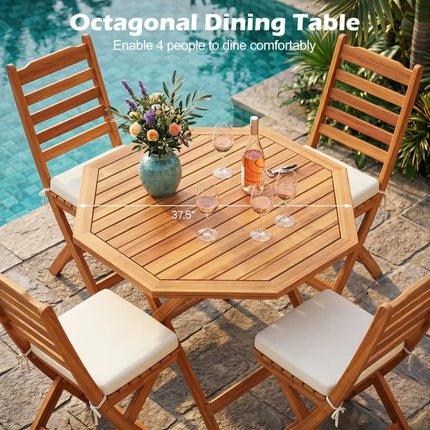 Acacia Wood Outdoor Folding Dining Table for 4 Octagonal with Slatted Tabletop - Natural - Patio Dining Tables